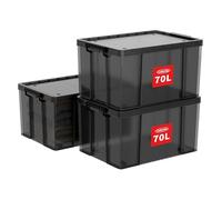 Cetomo 70L*3 Boîtes de rangement, Conteneur robuste avec couvercles, roues, coins renforcés, côtés verticaux et verrouillage par pression, durable, empilable, en plastique, Noir clair, 70L - lot de 3