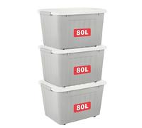Cetomo Lot de 3 boîtes de rangement en plastique grises de 80 l avec couvercle durable et boucles de verrouillage sécurisées, empilables et emboîtables, avec boucle, Gris