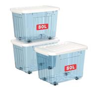 Cetomo 80L*3 Boîtes de Rangement avec Couvercles, Boîte de Rangement en Plastique avec Clips et Roulettes, Empilables, Encastrables, pour Placard de Bureau à Domicile, Bleu Transparent, 80L, Lot de 3