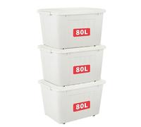 Cetomo 80L*3 Boîtes de Rangement avec Couvercles, Boîte de Rangement en Plastique avec Clips et Roulettes, Empilables, Encastrables, pour Placard de Bureau à Domicile, Blanc, 80L, Lot de 3