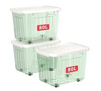 Cetomo 80L*3 Boîtes de Rangement avec Couvercles, Boîte de Rangement en Plastique avec Clips et Roulettes, Empilables, Encastrables, pour Placard de Bureau à Domicile, Vert Transparent, 80L, Lot de 3