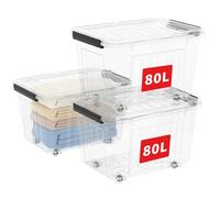 Cetomo 80L*3 Boîtes de Rangement avec Couvercles, Boîte de Rangement en Plastique avec Clips et Roulettes, Empilables, Encastrables, pour Placard de Bureau à Domicile, Transparent, 80L, Lot de 3