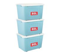 Cetomo 80L*3 Boîtes de Rangement avec Couvercles, Boîte de Rangement en Plastique avec Clips et Roulettes, Empilables, Encastrables, pour Placard de Bureau à Domicile, Bleu, 80L, Lot de 3