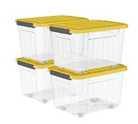 Cetomo 80L*4 Boîtes de Rangement avec Couvercles, Boîte de Rangement en Plastique avec Clips et Roulettes, Empilables, Encastrables, pour Placard de Bureau à Domicile, Clair & Jaune, 80L, Lot de 4
