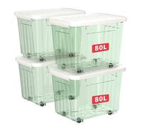 Cetomo 80L*4 Boîtes de Rangement avec Couvercles, Boîte de Rangement en Plastique avec Clips et Roulettes, Empilables, Encastrables, pour Placard de Bureau à Domicile, Vert Transparent, 80L, Lot de 4