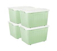 Cetomo 80L*4 Boîtes de Rangement avec Couvercles, Boîte de Rangement en Plastique avec Clips et Roulettes, Empilables, Encastrables, pour Placard de Bureau à Domicile, Vert, 80L, Lot de 4