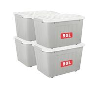 Cetomo Lot de 4 boîtes de rangement en plastique grises de 80 l avec couvercle durable et boucles de verrouillage sécurisées, empilables et emboîtables, avec boucle, Gris
