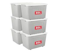 Cetomo 80L*6 Boîtes de Rangement avec Couvercles, Boîte de Rangement en Plastique avec Clips et Roulettes, Empilables, Encastrables, pour Placard de Bureau à Domicile, Gris, 80L, Lot de 6