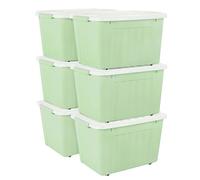 Cetomo 80L*6 Boîtes de Rangement avec Couvercles, Boîte de Rangement en Plastique avec Clips et Roulettes, Empilables, Encastrables, pour Placard de Bureau à Domicile, Vert, 80L, Lot de 6