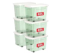 Cetomo 80L*6 Boîtes de Rangement avec Couvercles, Boîte de Rangement en Plastique avec Clips et Roulettes, Empilables, Encastrables, pour Placard de Bureau à Domicile, Vert Transparent, 80L, Lot de 6