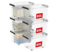 Cetomo 80L*6 Boîtes de Rangement avec Couvercles, Boîte de Rangement en Plastique avec Clips et Roulettes, Empilables, Encastrables, pour Placard de Bureau à Domicile, Transparent, 80L, Lot de 6