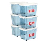 Cetomo 80L*6 Boîtes de Rangement avec Couvercles, Boîte de Rangement en Plastique avec Clips et Roulettes, Empilables, Encastrables, pour Placard de Bureau à Domicile, Bleu Transparent, 80L, Lot de 6