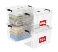 Cetomo 90L*4 Boîte de Rangement, Bac de rangement avec Poignée, Plastique Organisateur avec Couvercle, Empilable, Transportable, pour Vêtements, Bureau, Chambre, Dortoirs, Transparent, 90L - Lot de 4