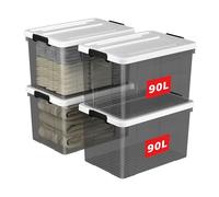 Cetomo 90L*4 Boîte de Rangement, Bac de rangement avec Poignée, Plastique Organisateur avec Couvercle, Empilable, Transportable, pour Vêtements, Bureau, Dortoirs, Transparent Noir, 90L - Lot de 4