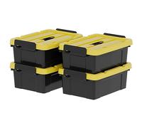 Cetomo Lot de 4 boîtes de rangement en plastique avec couvercles, poignée et boucles de verrouillage pour outils, jardin, garage, maison, durable, robuste, empilable, gigogne, noir et jaune, 15 l