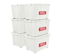 Cetomo 55L*6 Boîtes de Rangement avec Couvercles, Boîte de Rangement en Plastique avec Clips et Roulettes, Empilables, Encastrables, pour Placard de Bureau à Domicile, Blanc, 55L, Lot de 6
