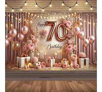 Cette élégante bannière d'anniversaire de 70 ans présente un thème or rose, décorée de ballons roses et dorés, d'éclairage et d'un design de boîte-cadeau. Elle est parfaite pour les célébrations d'éta