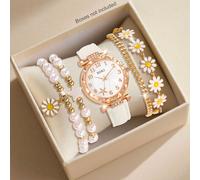 Cette montre de mode pour femme comprend : un cadran en forme d'étoile de mer avec des index heure en chiffres arabes, un mouvement à quartz, un bracelet en cuir PU et un bracelet marguerite. Elle con