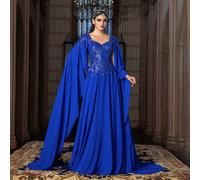 Cette robe de soirée de luxe pour femmes avec encolure en cœur présente une manche longue style châle, des ornements perlés et pailletés, ainsi qu'une jupe fluide et longue jusqu'aux pieds. C'est un c