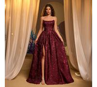 Cette robe élégante, romantique et stylée en jacquard bordeaux à dos nu et col montant en forme de A est parfaite pour des occasions telles que les cérémonies de remise des diplômes, les cérémonies d'