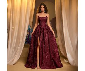 Cette robe élégante, romantique et stylée en jacquard bordeaux à dos nu et col montant en forme de A est parfaite pour des occasions telles que les cérémonies de remise des diplômes, les cérémonies d'
