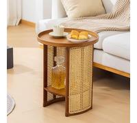 Cette Table d'appoint Ronde en rotin et Bambou, à Deux Niveaux, Peut Servir de Table Basse, de Petite Table de Chevet ou Encore de Table de Chevet idéale pour Le Salon, Le Balcon ou Le canap