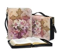Ceudet Bear APrinted Bible Cover Case, Women Bible Covers Carry Book Case Portable Bible Study Tote Bag for Christian, Robuste Bible Holder Bible Accessories, L, Croix Fleur Rose, XXL