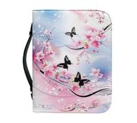 Ceudet Étui de bible en cuir avec une housse de bible en cuir avec poignée et fermeture éclair pour études de la Bible, cadeaux catholiques, Fleurs roses et papillon, xx-large