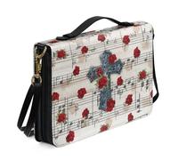 Ceudet Étui de transport de la Bible en cuir avec poignée et bandoulière pour femmes et filles, motif vache aztèque, étui pour étude, bleu foncé et jaune, taille 2XL, Croix rose note de musique beige