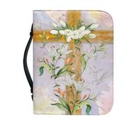 Ceudet Housse de bible à imprimé floral pour homme et femme en cuir synthétique avec poignée - Taille M, Croix fleur de lys rose, M