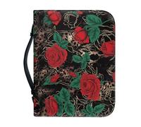 Ceudet Housse de bible en cuir avec imprimé floral et croix pour femme avec poignées et drapeau français, étui de transport étanche noir, sac fourre-tout, Rose à dos léopard - Noir, L
