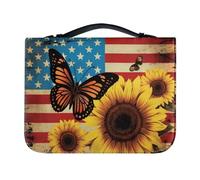 Ceudet Housse de bible en cuir avec imprimé floral et croix pour femme avec poignées et drapeau français, étui de transport étanche noir, sac fourre-tout, Drapeau Américain Papillon Tournesol - Jaune