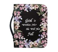 Ceudet Housse de bible en cuir avec imprimé floral et croix pour femme avec poignées et drapeau français, étui de transport étanche noir, sac fourre-tout, Floral avec poème inspirant - Noir et rose, M