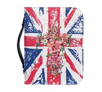Ceudet Housse de bible en cuir avec imprimé floral et croix pour femme avec poignées et drapeau français, étui de transport étanche noir, sac fourre-tout, Imprimé Union Jack Flora Cross Bleu et Rouge,