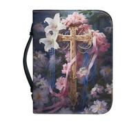 Ceudet Housse de bible en cuir synthétique avec imprimé colibri rose chinoise, sac de transport pour bible, sac à livres avec poignée supérieure, sac pour les écritures d'église, L, Croix de fleur de