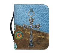 Ceudet Housse de bible en cuir synthétique imprimé peau de vache pour femme avec poignée et poche zippée pour filles, fournitures d'étude biblique, cadeaux AArt XL, Croix en cuir bleu, 2XL-12"x9"x2.4"