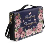 Ceudet Housse de bible pour femmes et filles - Étui de transport en cuir avec sangle - Sac fourre-tout léger pour l'école et l'église, Croix de fleur papillon rose et bleu, Medium
