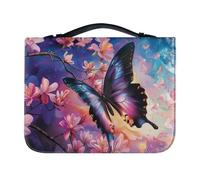 Ceudet Housse de la Bible en similicuir pour homme et femme - Motif colibri - Étui fourre-tout pour carnet de chèques, stylos, journal d'étude, bibliothèque, bleu et rose, taille XL, Fleur papillon