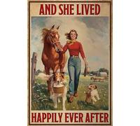 Ceudet Plaque rétro en métal avec chevaux et chiens et elle vivait heureusement Ever After - Impression d'art de cowgirl - Décoration murale de cuisine - 30,5 x 40,6 cm