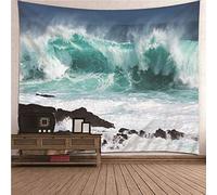 CEVAN Set Tapisserie Couverture Mural Vagues Et Rochers Tapisserie Decoration Murale Décoration Murale Moderne Tissu Décoratif pour Suspension Murale Vert Blanc 350x250cm