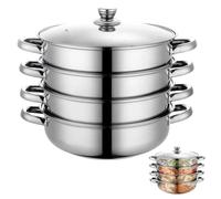 CEWROM Cuiseur vapeur pour la cuisson - 28 cm - En acier inoxydable - Avec insert à vapeur - Mijoteuse de 3/4 étages avec couvercle en verre - Cuiseur vapeur - Pour légumes, boulettes - Convient à