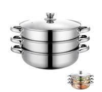 CEWROM Cuiseur vapeur pour la cuisson - 28 cm - En acier inoxydable - Avec insert à vapeur - Mijoteuse de 3/4 étages avec couvercle en verre - Cuiseur vapeur - Pour légumes, boulettes - Convient à