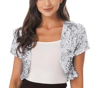 Cexiakong Boléro à paillettes pour femme - Veste à paillettes brillantes - Manches courtes - Pour mariage - Boléro de mariée - Manteau brillant - Cardigan festif - Court - Fête Club, Argent (Silver),
