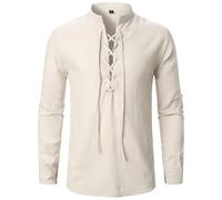 Cexiakong Chemise à manches longues pour homme - Chemise classique à lacets - Couleur unie - Chemise de pirate médiévale - Vintage - Col montant - Chemise à manches longues - Chemise hippie - Chemise