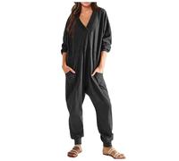 Cexiakong Combinaison décontractée à manches longues pour femme - Col en V - Combinaison d'été ample - En coton - Couleur unie - Pantalon de travail avec poches - Salopette belle, Noir , S