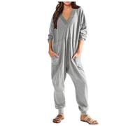 Cexiakong Combinaison décontractée à manches longues pour femme - Col en V - Combinaison d'été ample - En coton - Couleur unie - Pantalon de travail avec poches - Salopette belle, gris, L
