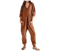 Cexiakong Combinaison décontractée à manches longues pour femme - Col en V - Combinaison d'été ample - En coton - Couleur unie - Pantalon de travail avec poches - Salopette belle, marron, L