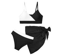 Cexiakong Ensemble de bikini pour fille 3 pièces - Couleur unie - Haut de bikini réglable - Avec bas de bikini triangle et short court - Sportif - Été - Plage - Maillot de bain sexy, O Noir., 6-7