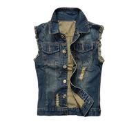 Cexiakong Gilet en denim sans manches pour homme - Décontracté - Rétro - Coupe ajustée - Grande taille - Gilet en jean déchiré pour l'extérieur, motard, rock, punk, voyage, Bleu 6., L