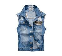 Cexiakong Gilet en denim sans manches pour homme - Décontracté - Rétro - Coupe ajustée - Grande taille - Gilet en jean déchiré pour l'extérieur, motard, rock, punk, voyage, Bleu 14., L